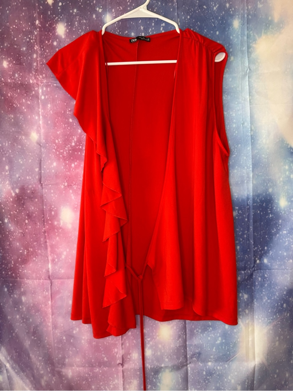 Zara red sleeveless wrap vest with an asymmetrical ruffle trim